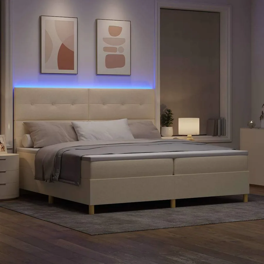 Lit à ressort LED avec tête de lit Crème 200 x 200 cm tissu - 5
