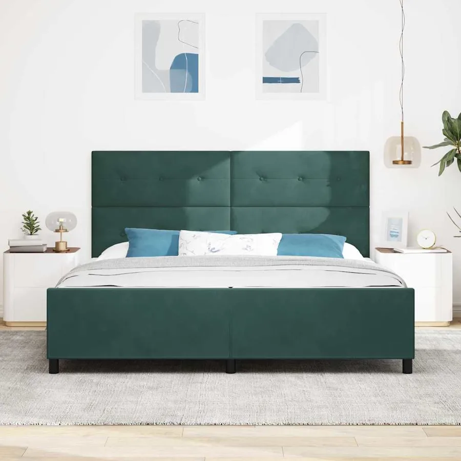 Lit à ressorts avec tête de lit Vert foncé 200 x 200 cm Velours - 3