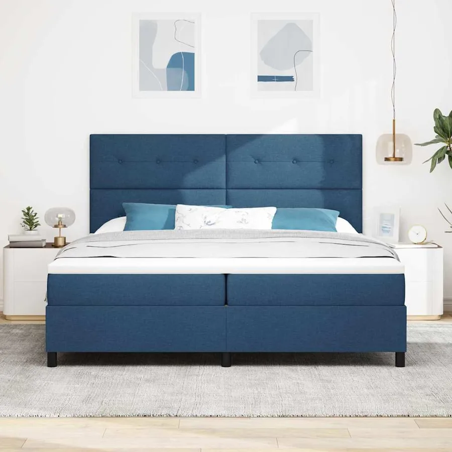Lit à ressorts avec tête de lit Bleu 200 x 200 cm tissu - 3