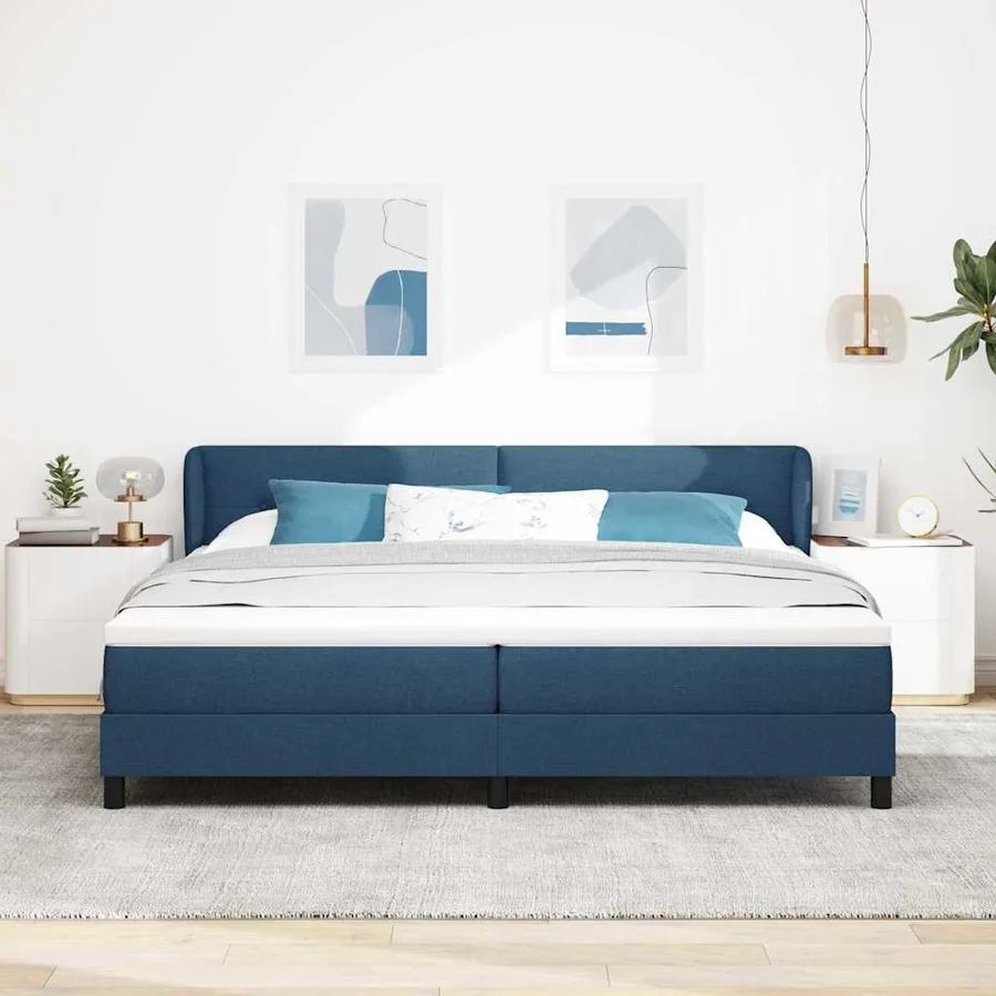 Lit à ressorts avec tête de lit Bleu 200 x 200 cm tissu - 3