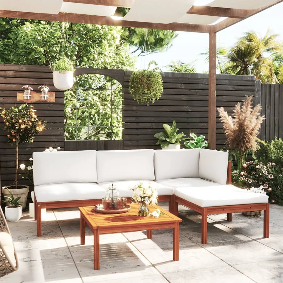 Salon de jardin 5 pièces avec coussins, bois d'acacia crème et corde