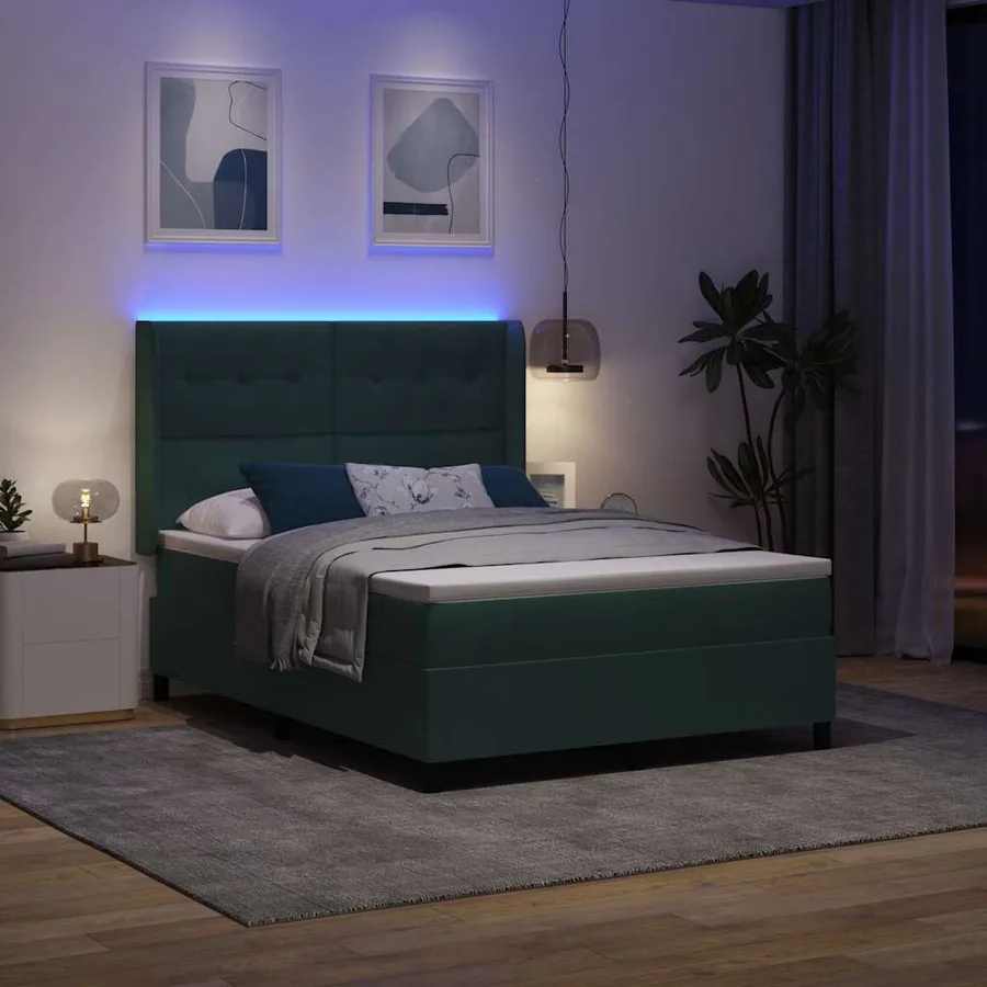 Lit à ressorts avec bandes LED Vert 140 x 190 cm Velours - 5