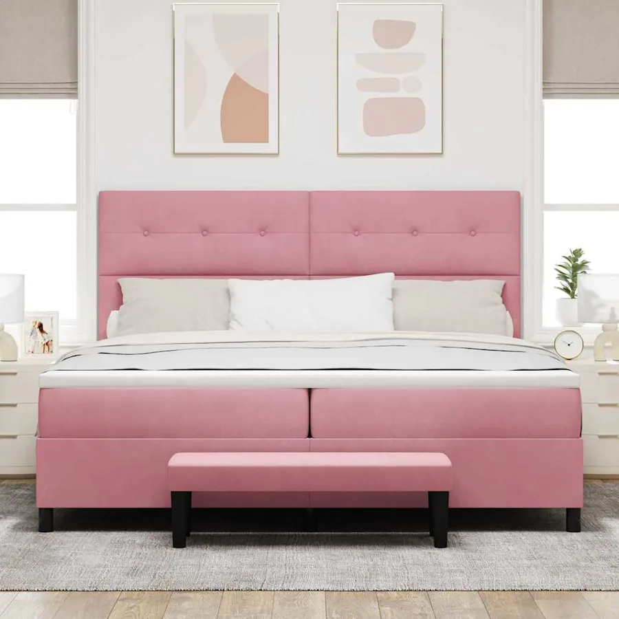 Lit à ressorts avec tête de lit Rose 200 x 200 cm Velours - 3