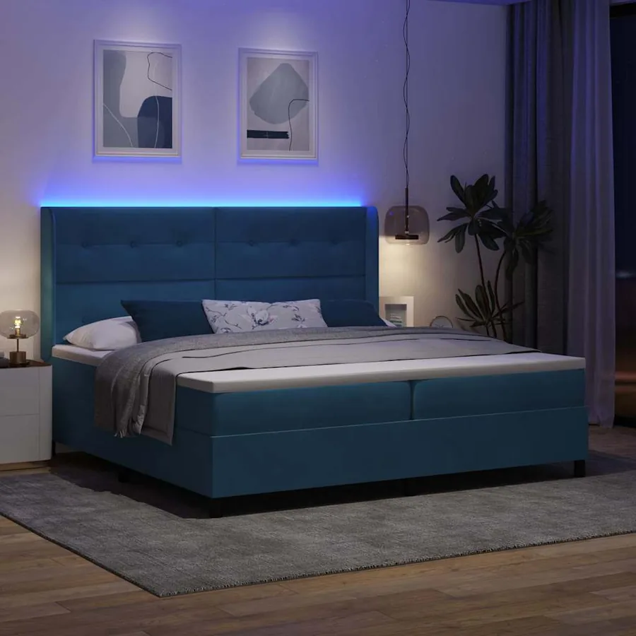 Lit à ressorts avec bandes LED Bleu 200 x 200 cm Velours - 5