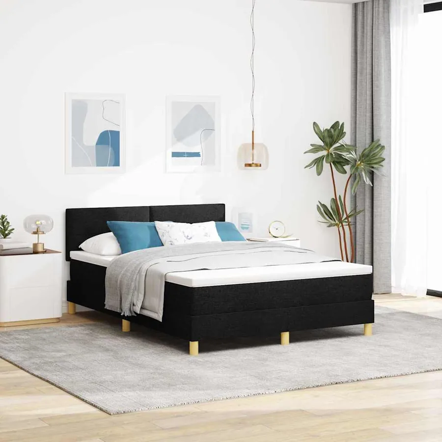 Lit à ressorts avec coussin Noir 140 x 190 cm tissu