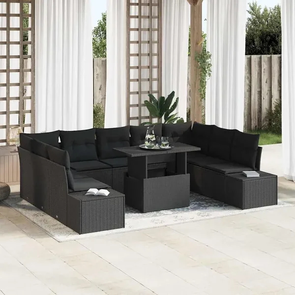 Ensemble de canapé de jardin 10 pcs Noir Poly rotin