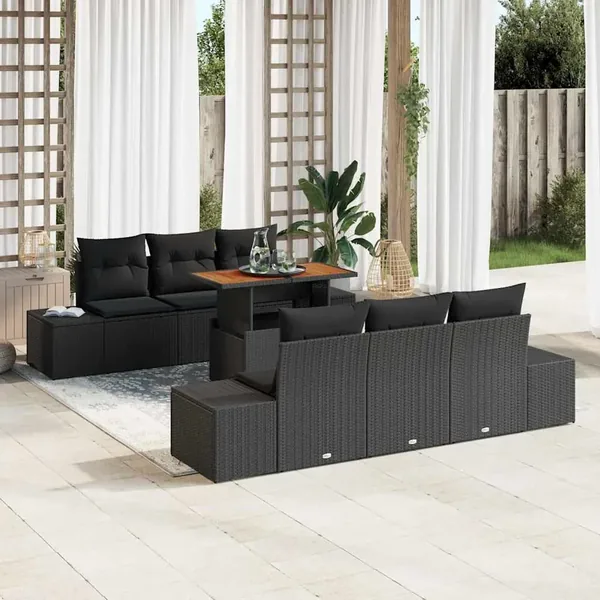 Ensemble de canapé de jardin 7 pcs Noir Poly rotin