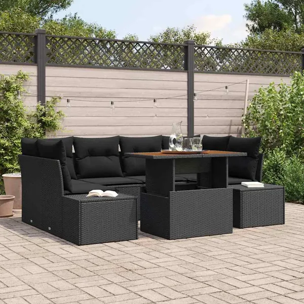 Ensemble de canapé de jardin 7 pcs Noir Poly rotin