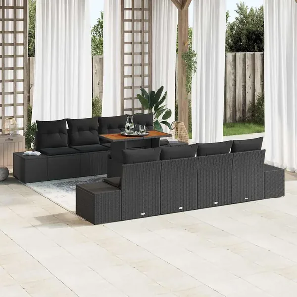 Ensemble de canapé de jardin 9 pcs Noir Poly rotin