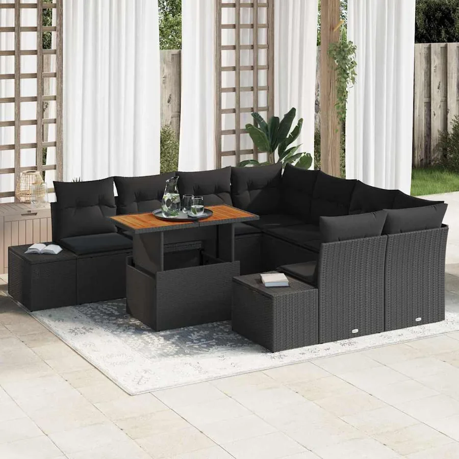 Ensemble de canapé de jardin 9 pcs Noir Poly rotin