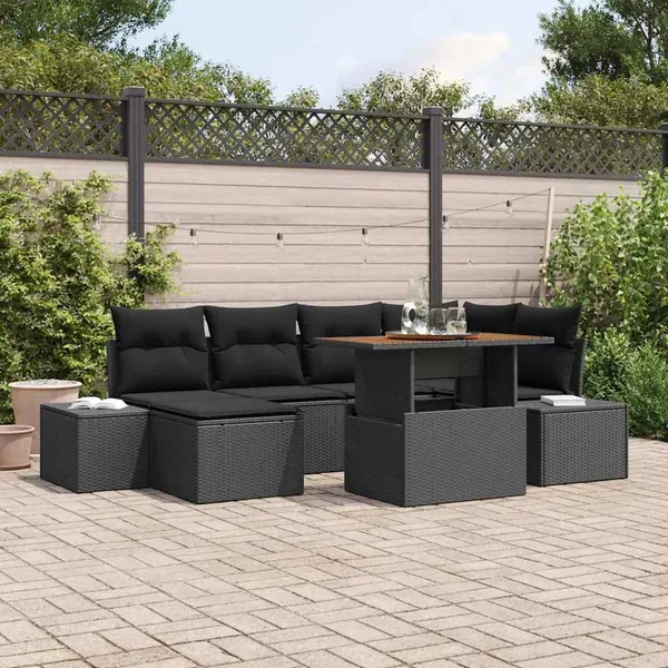 Ensemble de canapé de jardin 7 pcs Noir Poly rotin