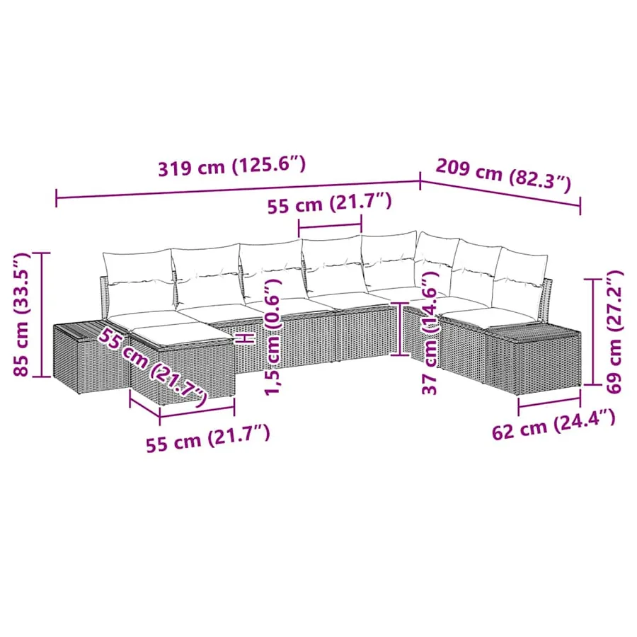 Ensemble de canapé de jardin avec coussin 8 pcs Noir polyrotin - 14