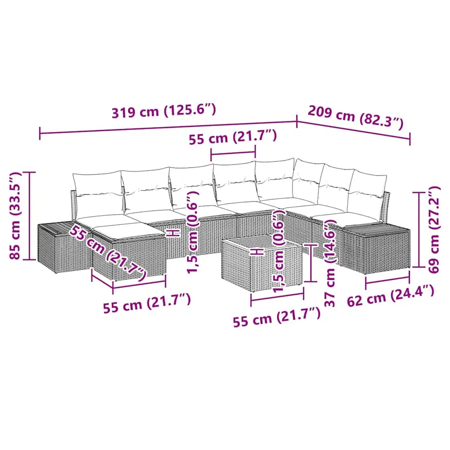 Ensemble de canapé de jardin 9 pcs Noir - 11