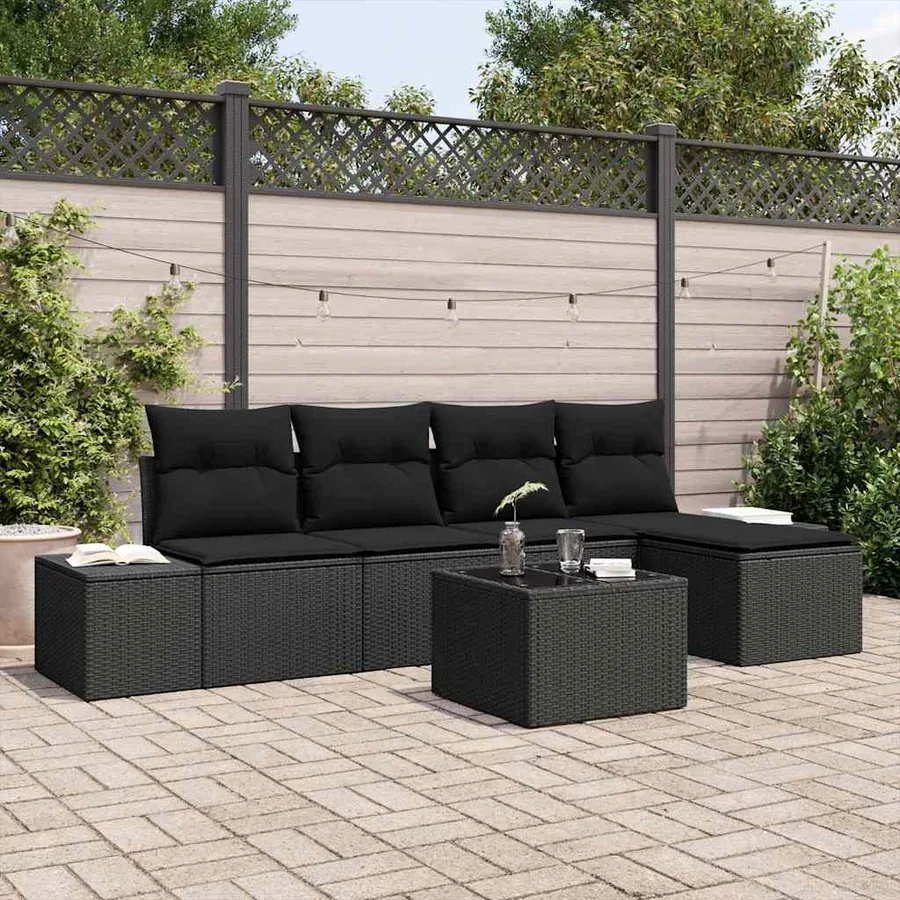 Ensemble de canapé de jardin avec coussin 5 pcs Noir polyrotin