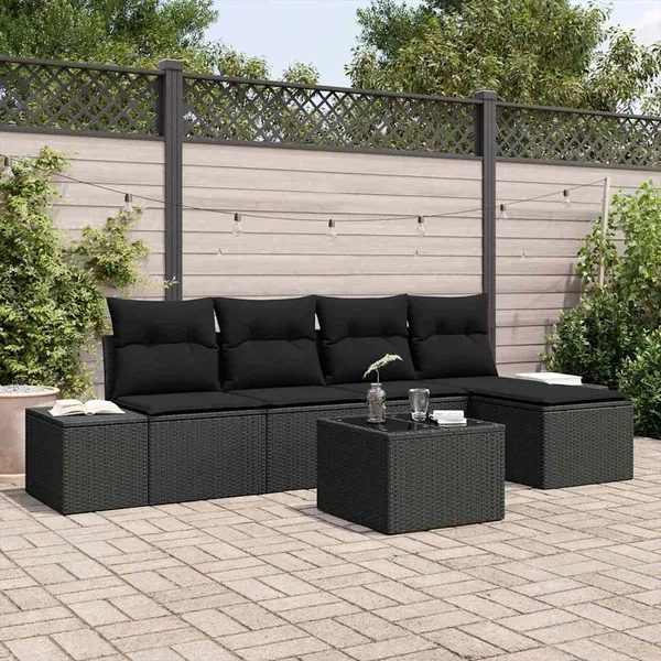 Ensemble de canapé de jardin avec coussin 5 pcs Noir polyrotin