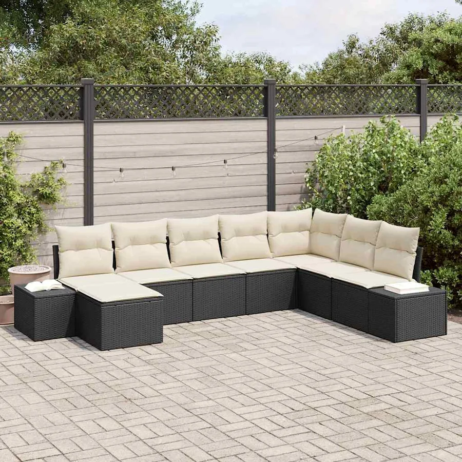 Ensemble de canapé de jardin 8 pcs Noir et Crème polyrotin