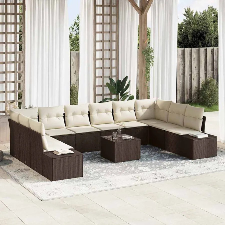 Ensemble de canapé de jardin 10 pcs Marron et Crème Polyrotin