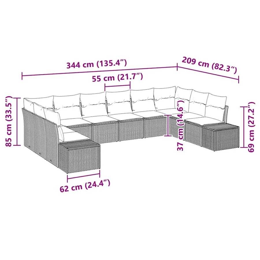 Ensemble de canapé de jardin avec coussin 10 pcs Gris Polyrotin - 12