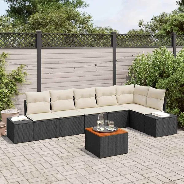 Ensemble de canapé de jardin 7 pcs Noir et Crème polyrotin
