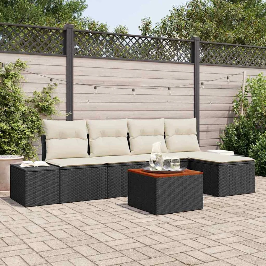 Ensemble de canapé de jardin 6 pcs Noir et Crème polyrotin