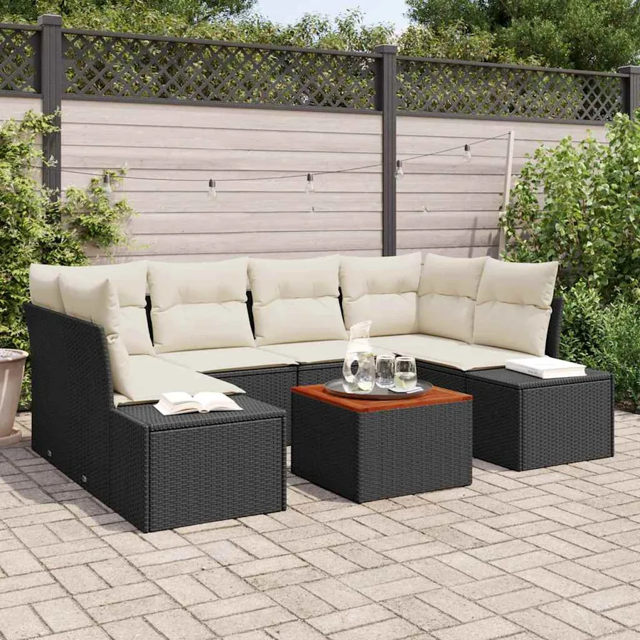 Ensemble de canapé de jardin 7 pcs Noir et Crème polyrotin