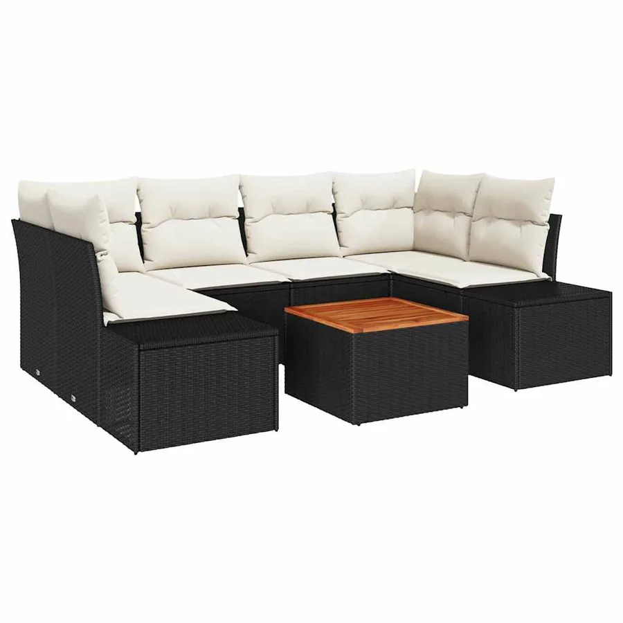 Ensemble de canapé de jardin 7 pcs Noir et Crème polyrotin - 2
