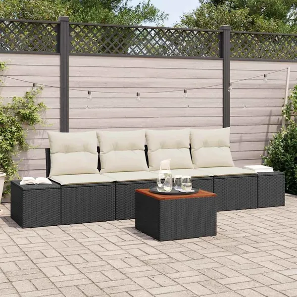 Ensemble de canapé de jardin 5 pcs Noir et Crème polyrotin