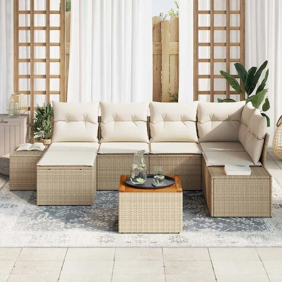Ensemble de canapé de jardin 7 pcs Beige et blanc - 3