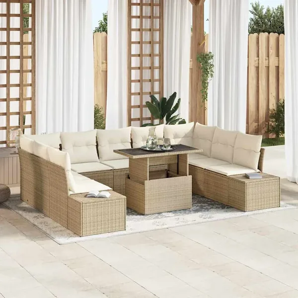 Ensemble de canapé de jardin 10 pcs Beige Poly rotin