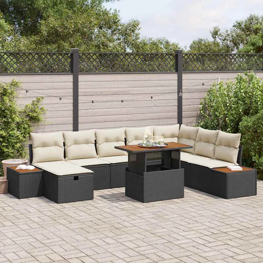 Ensemble de canapé de jardin avec coussin 9 pcs Noir polyrotin
