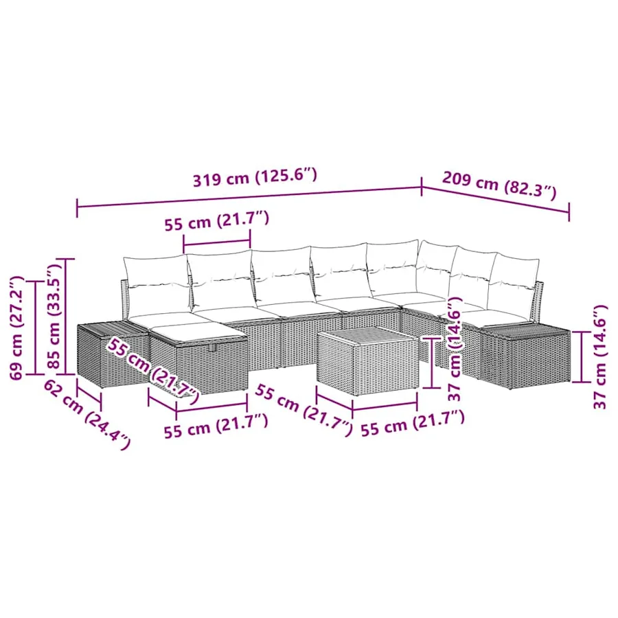 Ensemble de canapé de jardin 9 pcs Beige Poly rotin - 15