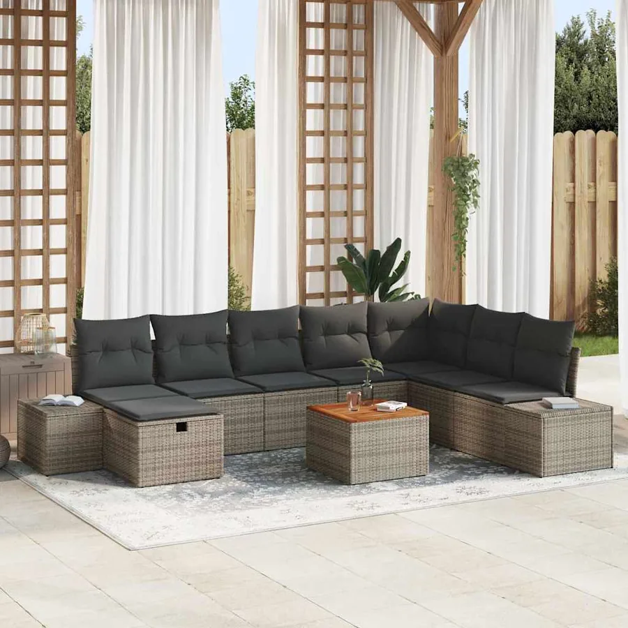 Ensemble de canapé de jardin avec coussin 9 pcs Gris Poly rotin