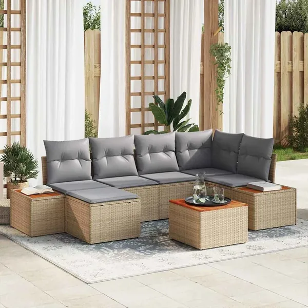 Ensemble de canapé de jardin avec coussin 7 pcs Beige polyrotin
