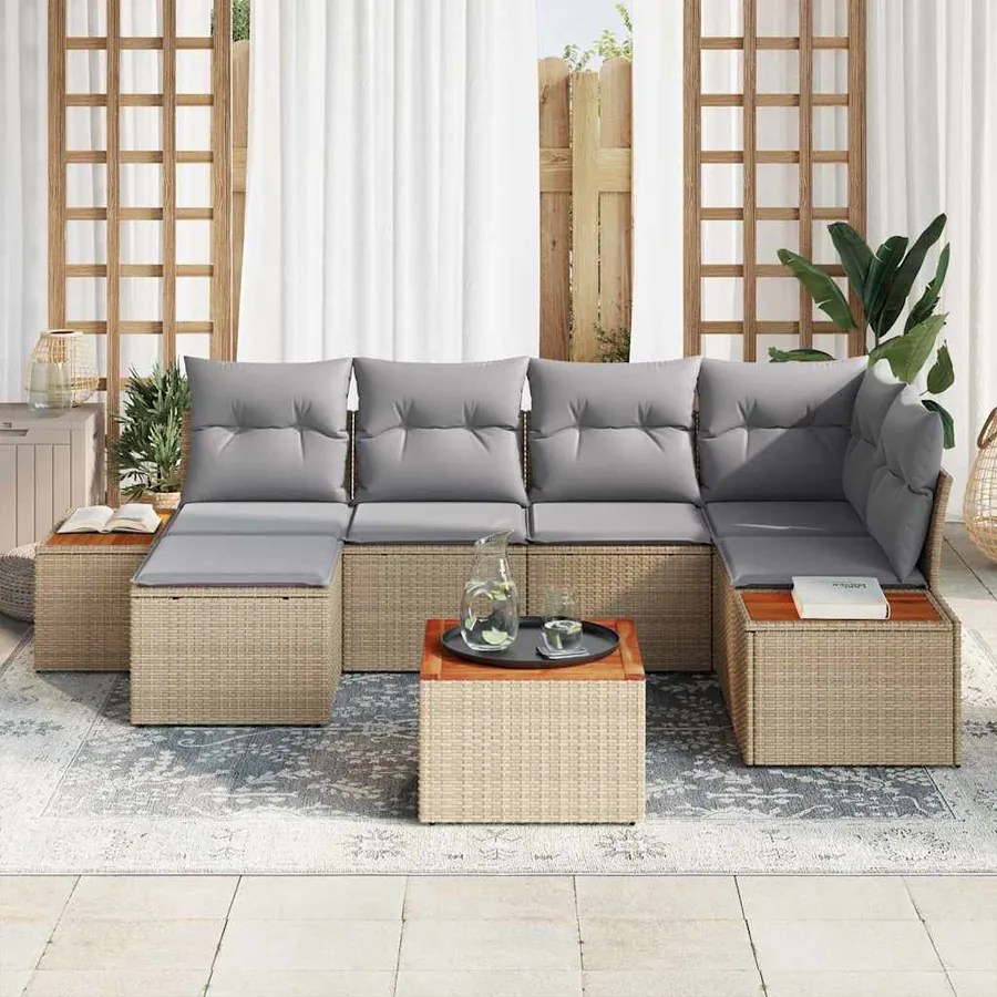 Ensemble de canapé de jardin avec coussin 7 pcs Beige polyrotin - 3