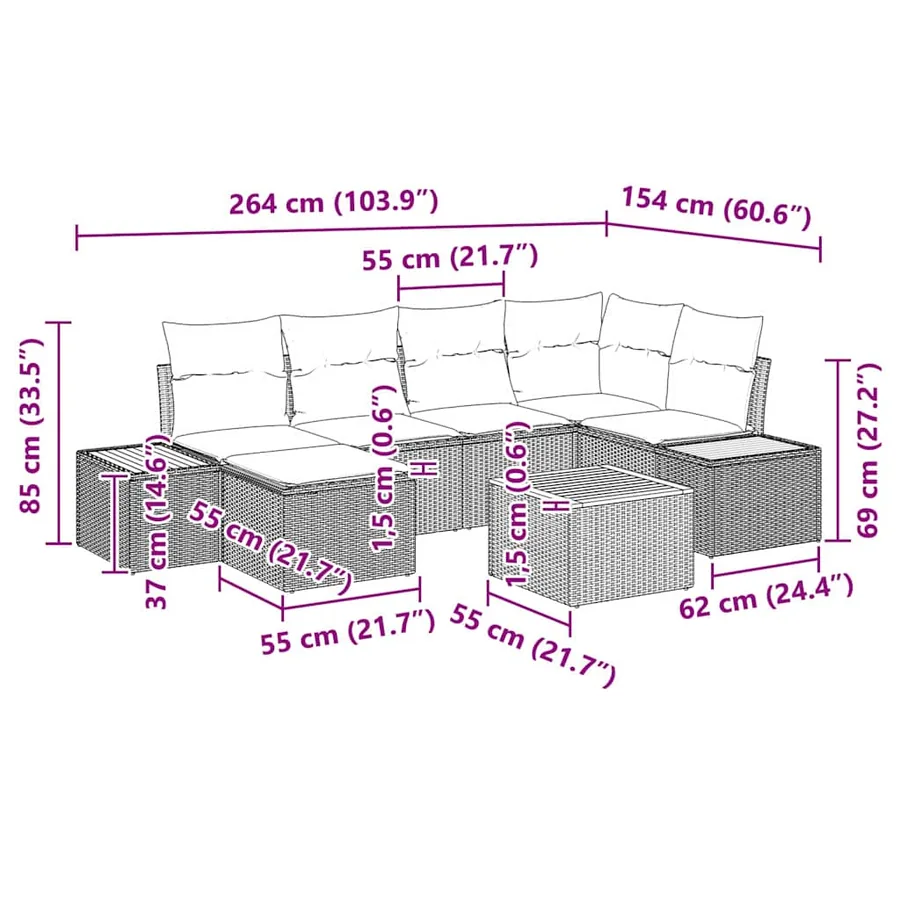 Ensemble de canapé de jardin avec coussin 7 pcs Beige polyrotin - 8
