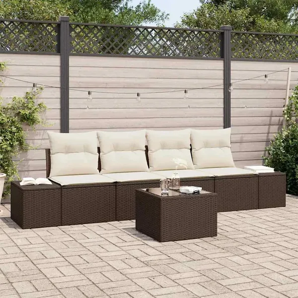 Ensemble de canapé de jardin 5 pcs Marron et Crème polyrotin