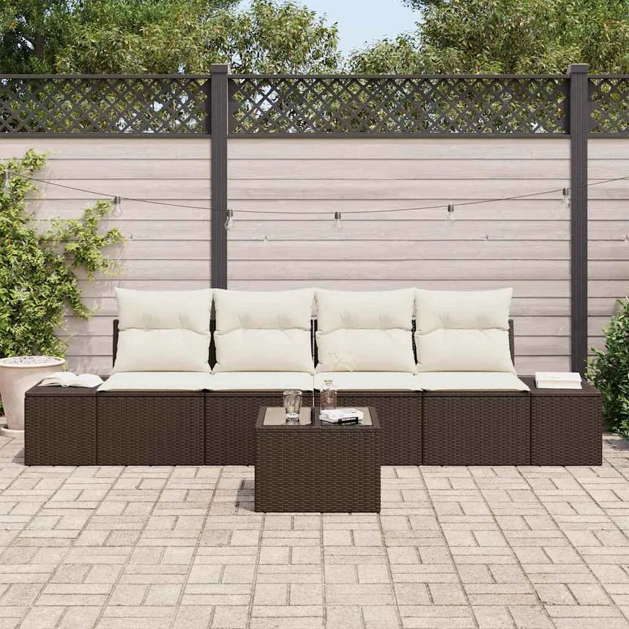 Ensemble de canapé de jardin 5 pcs Marron et Crème polyrotin - 3