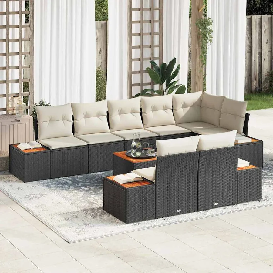 Ensemble de canapé de jardin avec coussin 9 pcs Noir Poly rotin