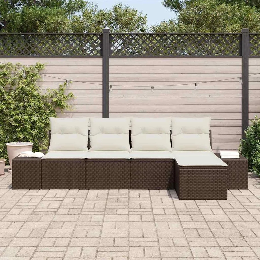 Ensemble de canapé de jardin 5 pcs Marron et Crème polyrotin - 3