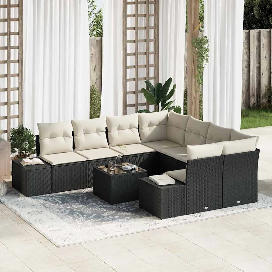 Ensemble de canapé de jardin 9 pcs Noir et Crème polyrotin