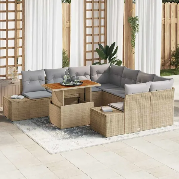Ensemble de canapé de jardin 9 pcs Beige Poly rotin