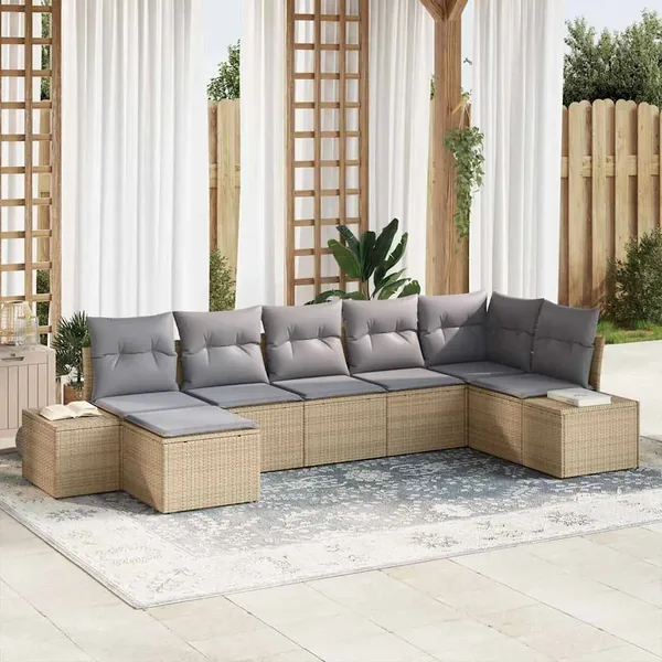 Ensemble de canapé de jardin avec coussin 7 pcs Beige polyrotin
