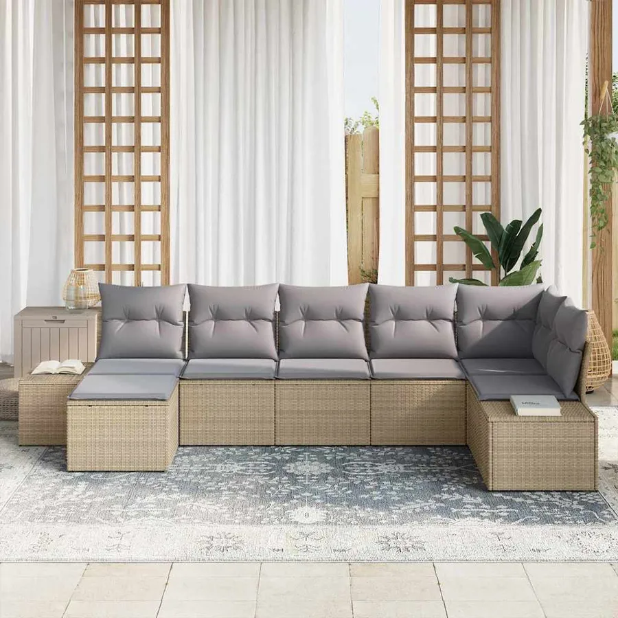 Ensemble de canapé de jardin avec coussin 7 pcs Beige polyrotin - 3