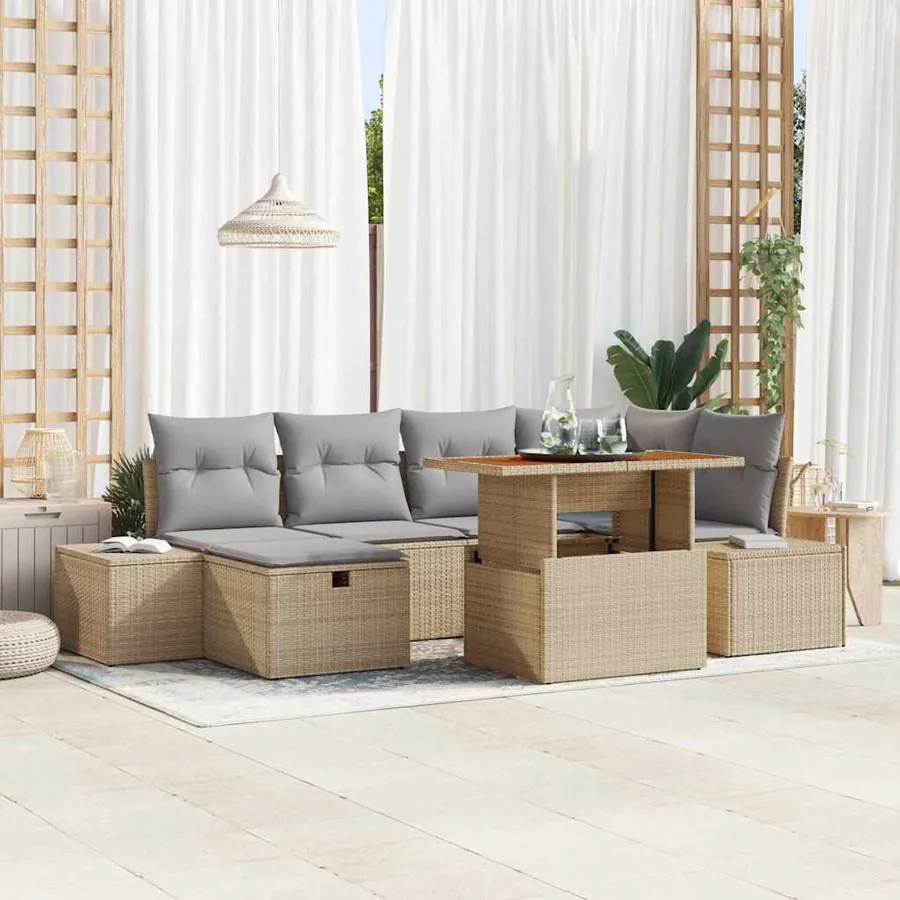 Ensemble de canapé de jardin 7 pcs Beige polyrotin