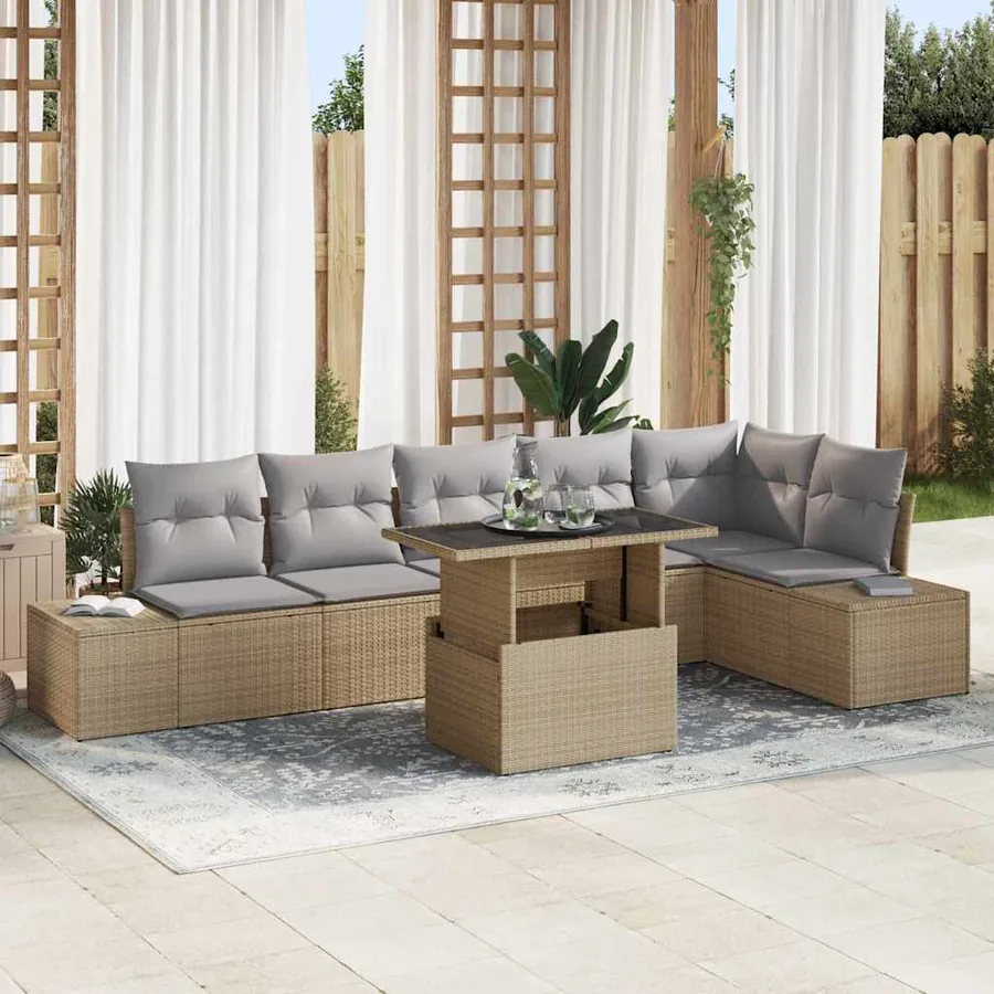 Ensemble de canapé de jardin 7 pcs Beige Poly rotin