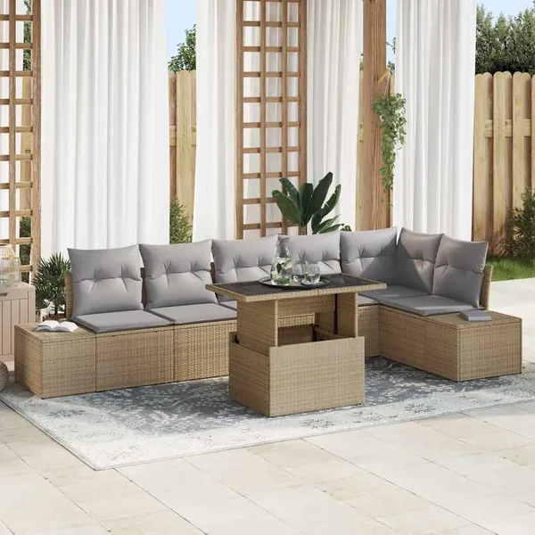 Ensemble de canapé de jardin 7 pcs Beige Poly rotin