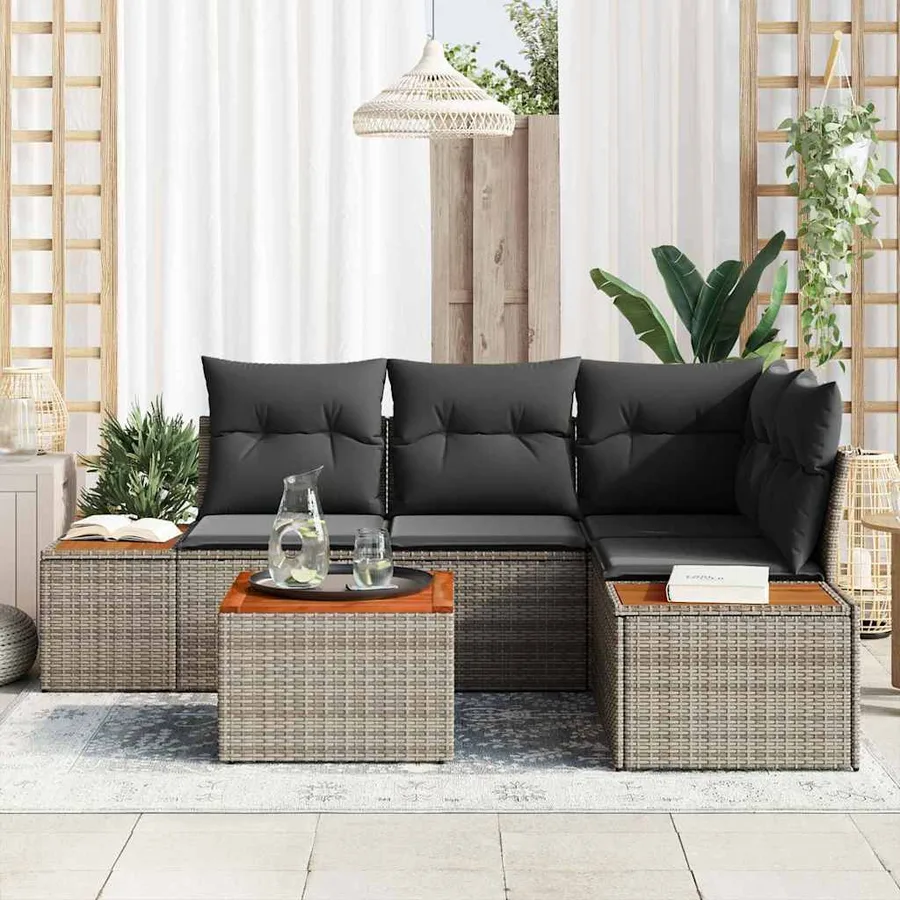 Ensemble de canapé de jardin avec coussin 5 pcs Gris Poly rotin - 3