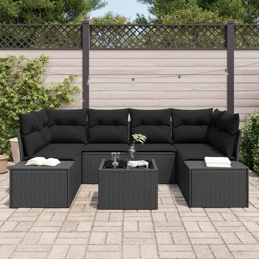 Ensemble de canapé de jardin avec coussin 7 pcs Noir polyrotin - 3