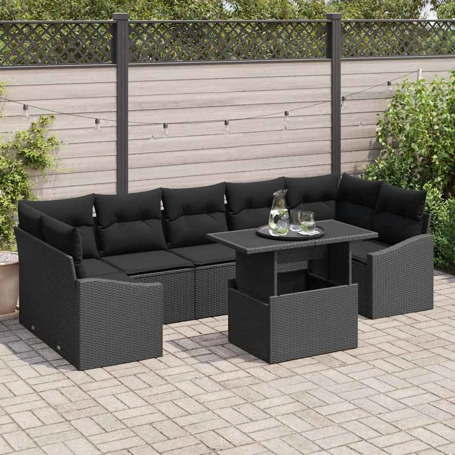 Ensemble de canapé de jardin 8 pcs Noir Poly rotin