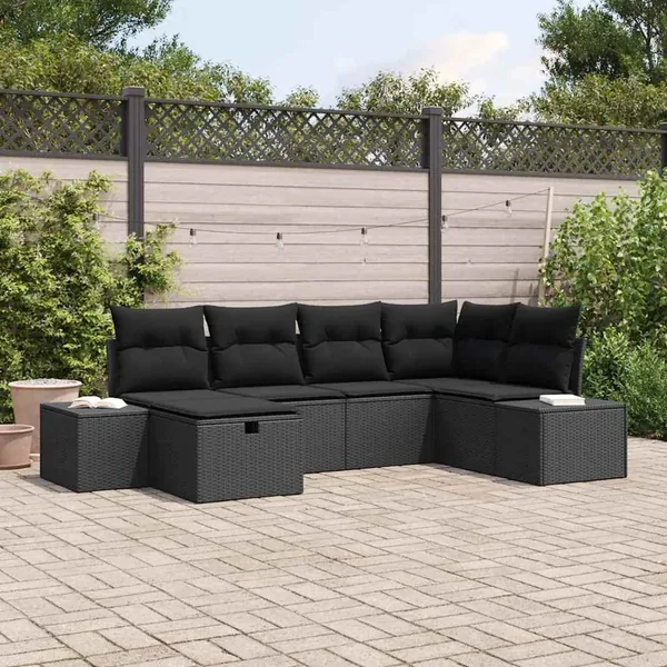 Ensemble de canapé de jardin avec coussin 6 pcs Noir polyrotin